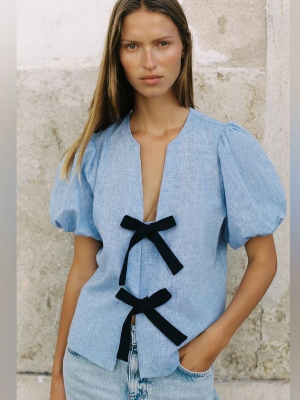 Zara Woman LINEN TIE BLOUSE Bows Blue Size S Small